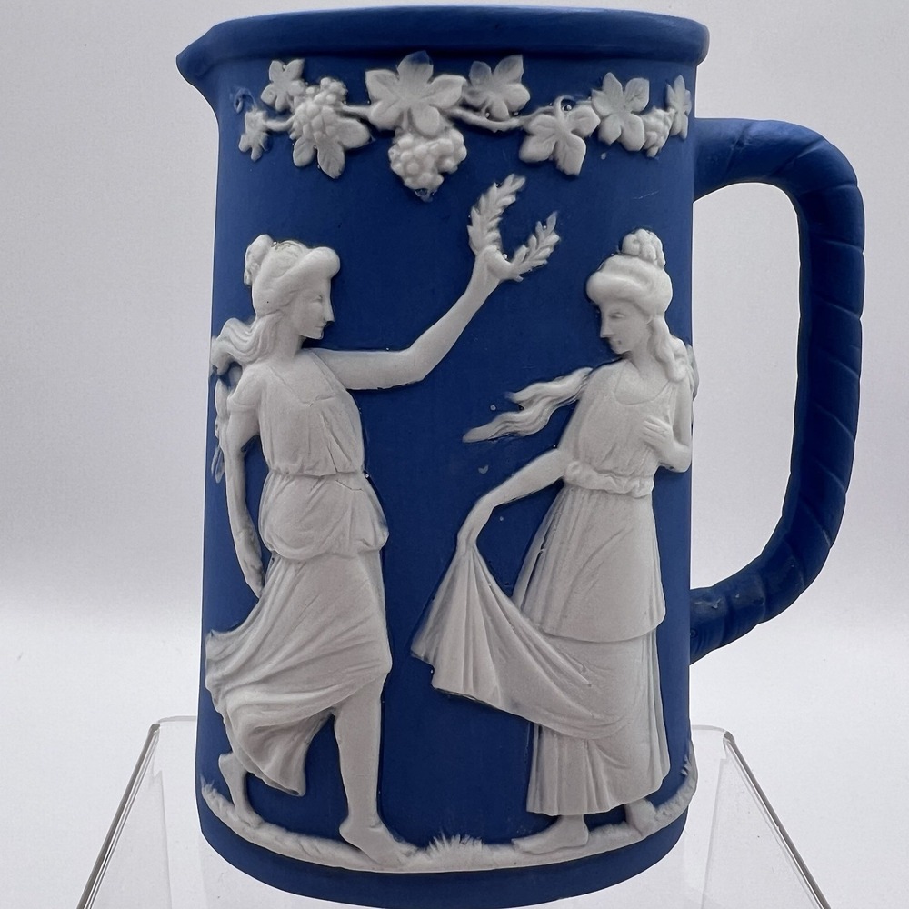 Jasperware Small Pitcher Creamer Vase Blue White Greek Ladies Pottery Vtg